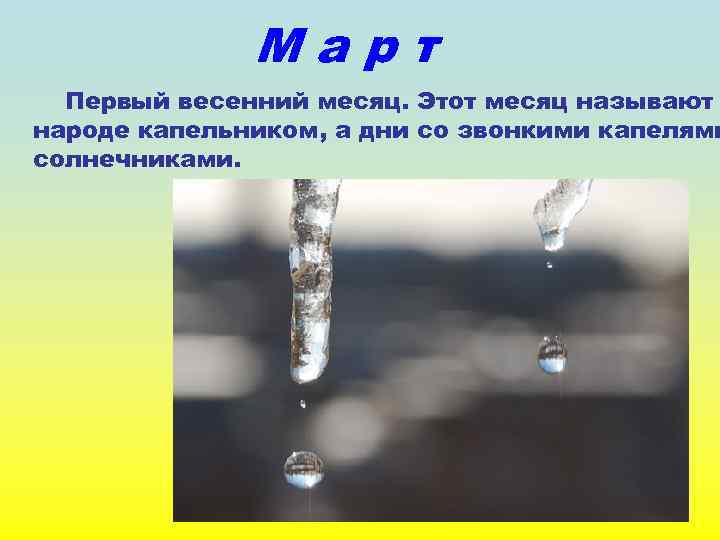 Март Первый весенний месяц. Этот месяц называют народе капельником, а дни со звонкими капелями