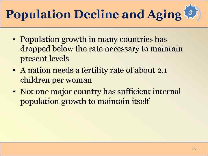 Population Decline and Aging 3 • Population growth in many countries has dropped below