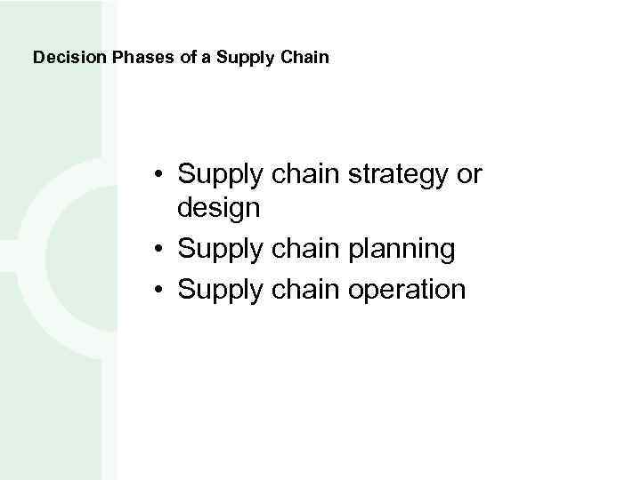 Decision Phases of a Supply Chain • Supply chain strategy or design • Supply