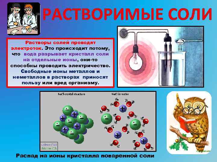 РАСТВОРИМЫЕ СОЛИ Растворы солей проводят электроток. Это происходит потому, что вода разрывает кристалл соли