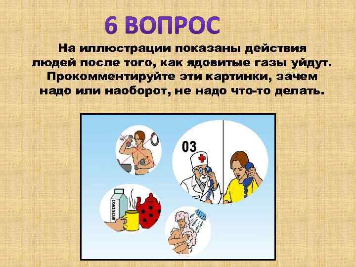 На иллюстрации показаны действия людей после того, как ядовитые газы уйдут. Прокомментируйте эти картинки,