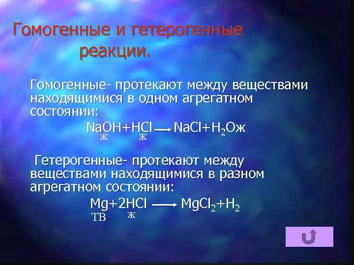 Гомогенные и гетерогенные реакции. Гомогенные- протекают между веществами находящимися в одном агрегатном состоянии: Na.