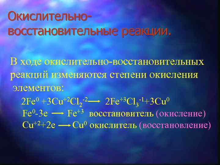 Окислительновосстановительные реакции. В ходе окислительно-восстановительных реакций изменяются степени окисления элементов: 2 Fe 0 +3