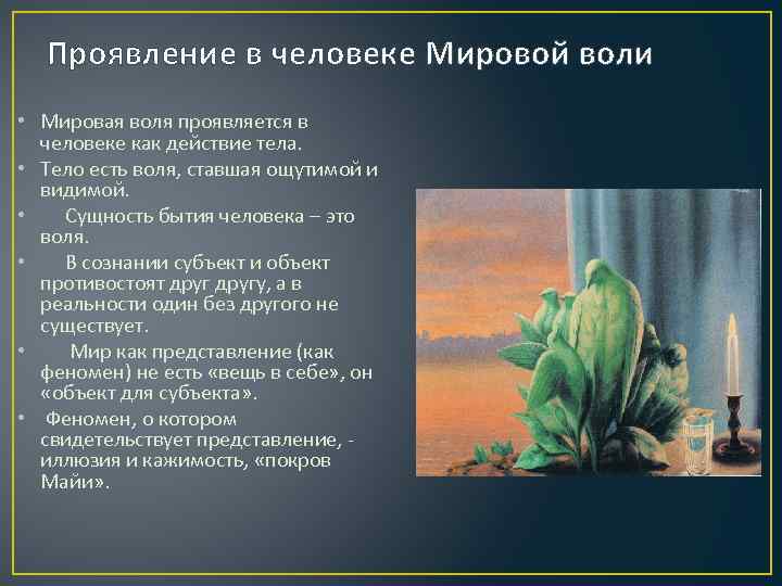 Проявление в человеке Мировой воли • Мировая воля проявляется в человеке как действие тела.