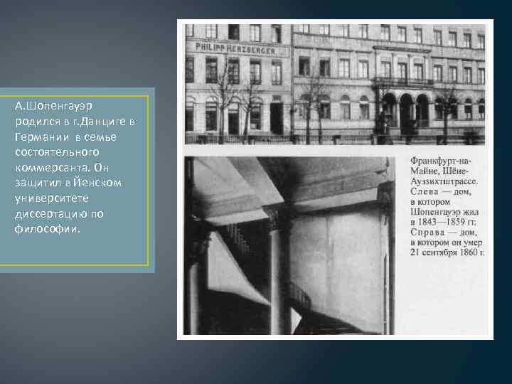 А. Шопенгауэр родился в г. Данциге в Германии в семье состоятельного коммерсанта. Он защитил