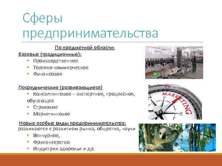 Сферы предпринимательства По предметной области: Базовые (традиционные): • Производственное • Торгово-коммерческое • Финансовое Посреднические