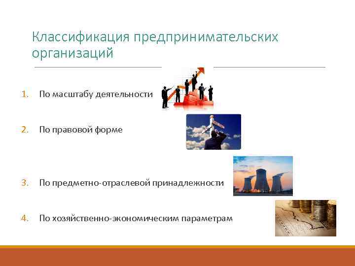 Классификация предпринимательских организаций 1. По масштабу деятельности 2. По правовой форме 3. По предметно-отраслевой