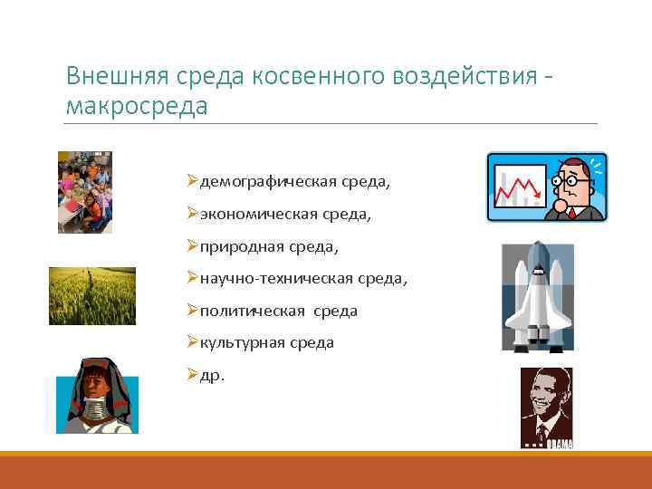 Внешняя среда косвенного воздействия макросреда Øдемографическая среда, Øэкономическая среда, Øприродная среда, Øнаучно-техническая среда, Øполитическая