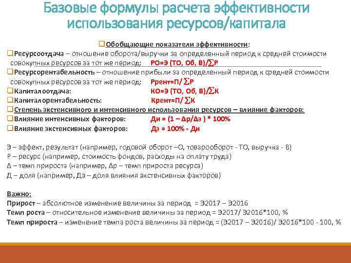Базовые формулы расчета эффективности использования ресурсов/капитала q. Обобщающие показатели эффективности: q. Ресурсоотдача – отношение
