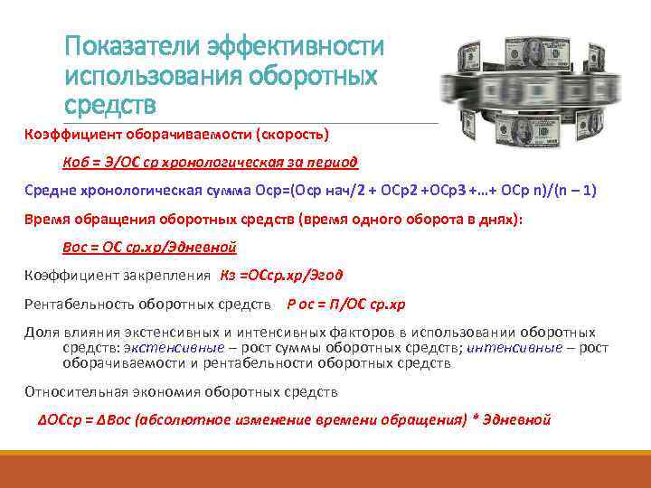 Показатели эффективности использования оборотных средств Коэффициент оборачиваемости (скорость) Коб = Э/ОС ср хронологическая за