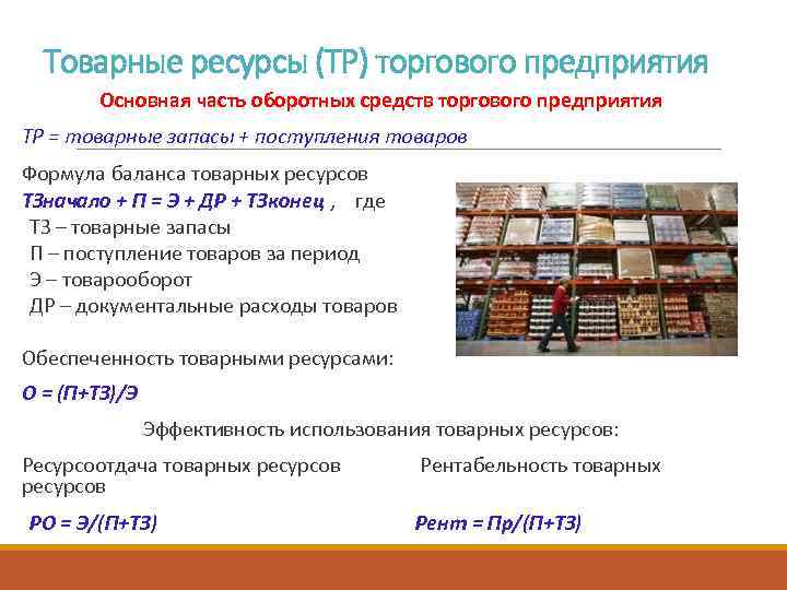 Товарные ресурсы (ТР) торгового предприятия Основная часть оборотных средств торгового предприятия ТР = товарные