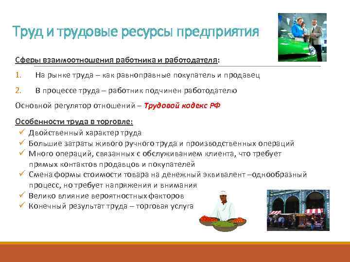 Труд и трудовые ресурсы предприятия Сферы взаимоотношения работника и работодателя: 1. На рынке труда