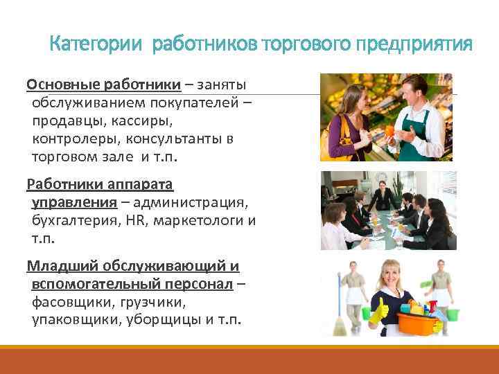 Категории работников торгового предприятия Основные работники – заняты обслуживанием покупателей – продавцы, кассиры, контролеры,