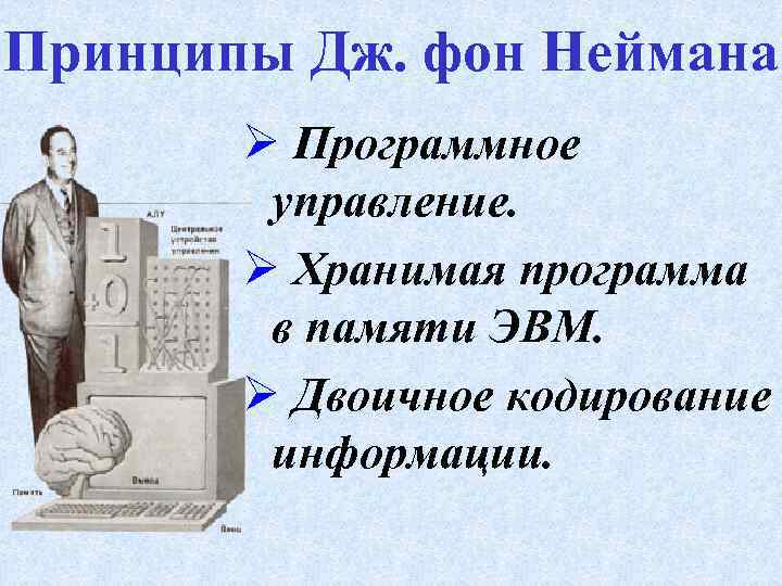 Принципы Дж. фон Неймана Ø Программное управление. Ø Хранимая программа в памяти ЭВМ. Ø