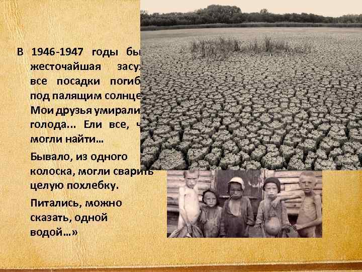 В 1946 -1947 годы была жесточайшая засуха, все посадки погибли под палящим солнцем. Мои