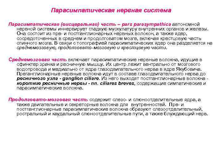 Парасимпатическая нервная система Парасимпатическая (висцеральная) часть – pars parasympathica автономной нервной системы иннервирует гладкую