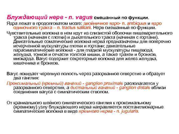 Блуждающий нерв - n. vagus смешанный по функции. Ядра лежат в продолговатом мозге: двойничное