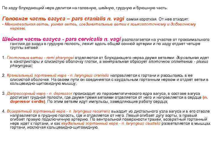 По ходу блуждающий нерв делится на головную, шейную, грудную и брюшную часть. Головная часть