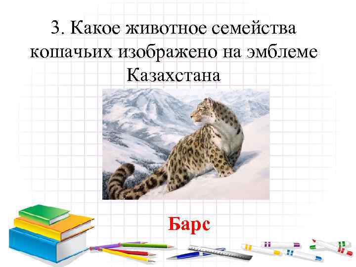 3. Какое животное семейства кошачьих изображено на эмблеме Казахстана Барс 