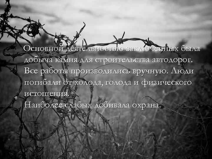 Основной деятельностью заключенных была добыча камня для строительства автодорог. Все работы производились вручную. Люди