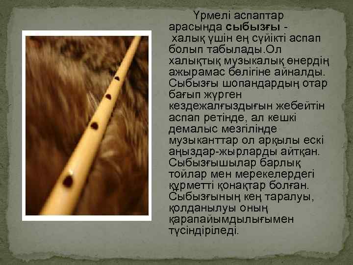 Үрмелі аспаптар арасында сыбызғы халық үшін ең сүйікті аспап болып табылады. Ол халықтық музыкалық
