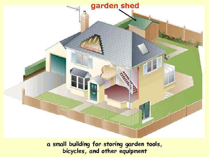 garden shed a small building for storing garden tools, bicycles, and other equipment 