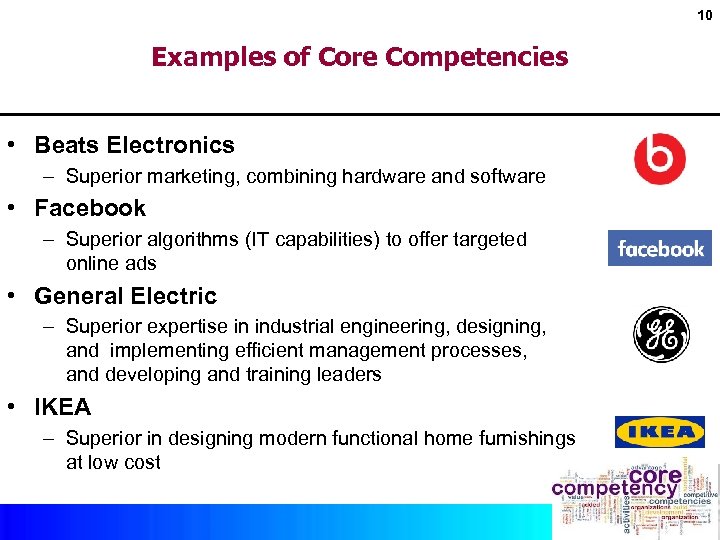 10 Examples of Core Competencies • Beats Electronics – Superior marketing, combining hardware and