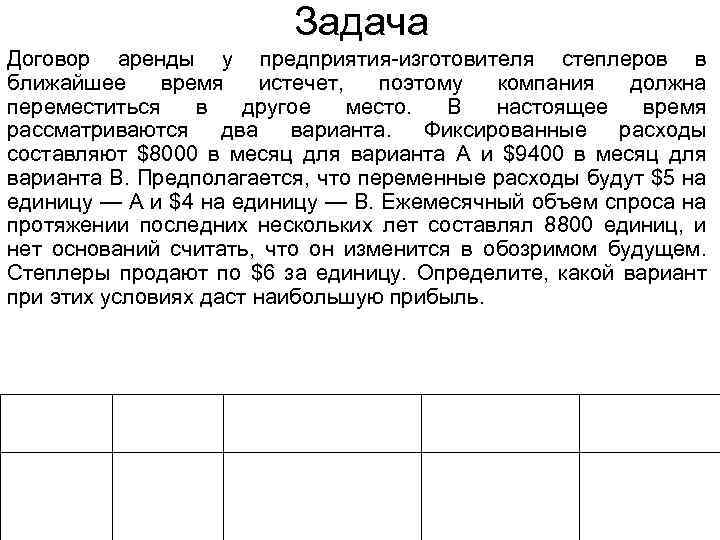 Задача Договор аренды у предприятия-изготовителя степлеров в ближайшее время истечет, поэтому компания должна переместиться