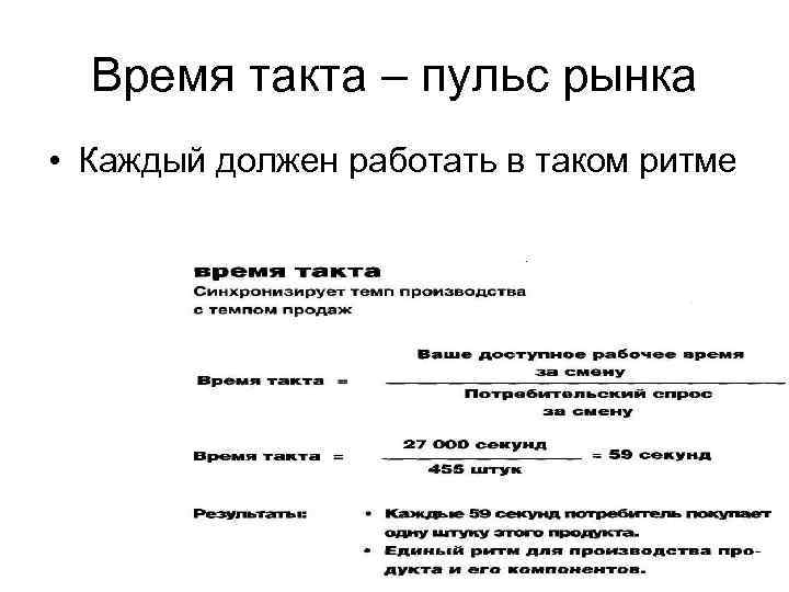 Время такта – пульс рынка • Каждый должен работать в таком ритме 