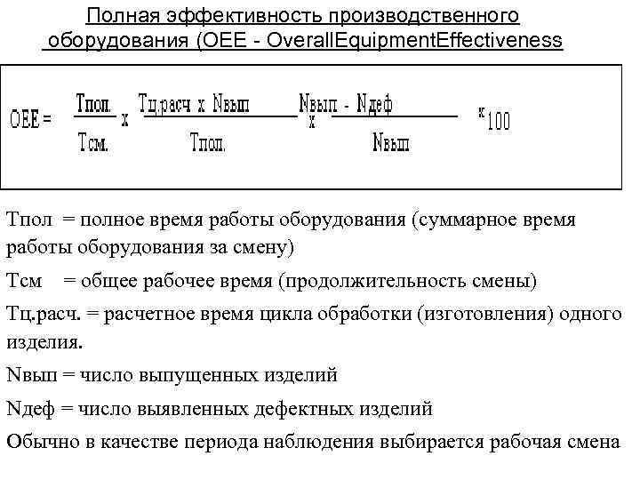 Полная эффективность производственного оборудования (OEE - Overall. Equipment. Effectiveness Тпол = полное время работы