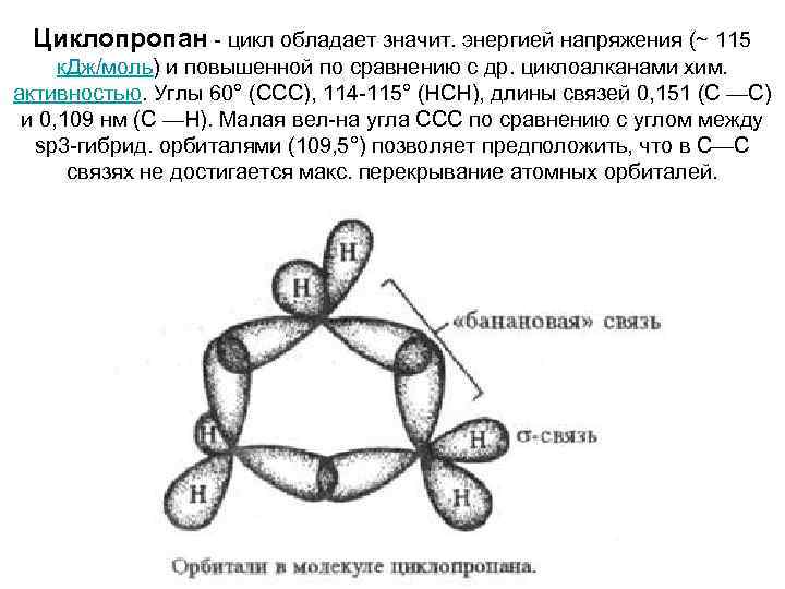 Циклоалканы гибридизация. Строение циклопропана банановые связи. Пространственное строение циклопропана. Электронное строение циклопропана. Строение циклопропана.