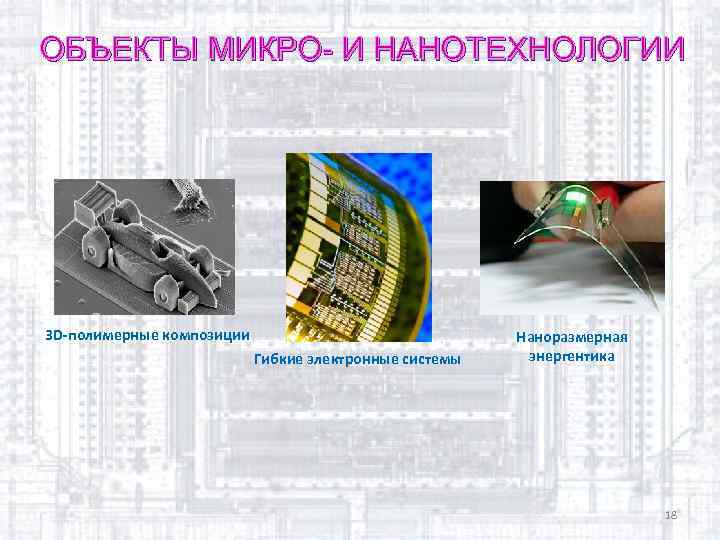 ОБЪЕКТЫ МИКРО- И НАНОТЕХНОЛОГИИ 3 D-полимерные композиции Гибкие электронные системы Наноразмерная энергентика 18 