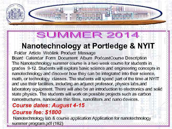 Nanotechnology at Portledge & NYIT Folder Article Weblink Product Message Board Calendar Form Document