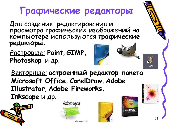 Графические редакторы Для создания, редактирования и просмотра графических изображений на компьютере используются графические редакторы.