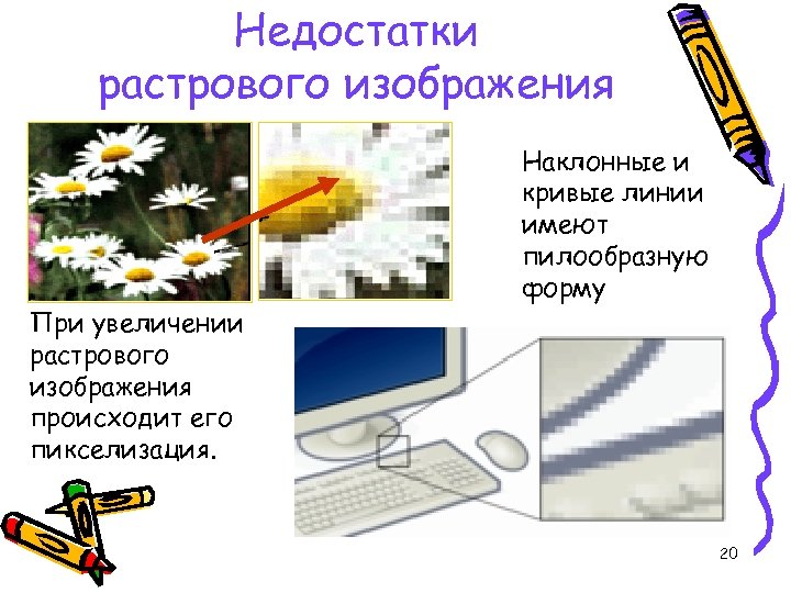 Недостатки растрового изображения При увеличении растрового изображения происходит его пикселизация. Наклонные и кривые линии