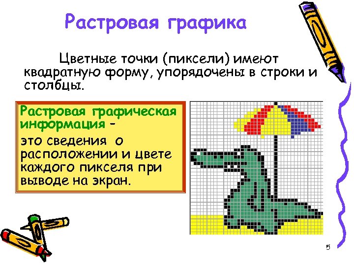 Растровая графика Цветные точки (пиксели) имеют квадратную форму, упорядочены в строки и столбцы. Растровая