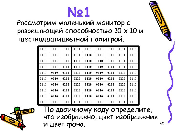 № 1 Рассмотрим маленький монитор с разрешающей способностью 10 х 10 и шестнадцатицветной палитрой.