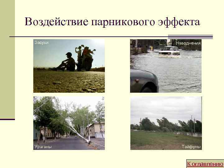Воздействие парникового эффекта Засухи Ураганы Наводнения Тайфуны К оглавлению 