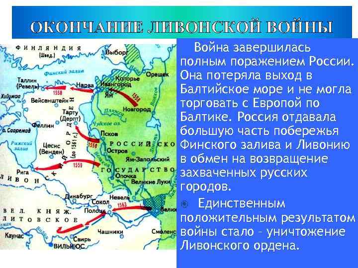 ОКОНЧАНИЕ ЛИВОНСКОЙ ВОЙНЫ Война завершилась полным поражением России. Она потеряла выход в Балтийское море