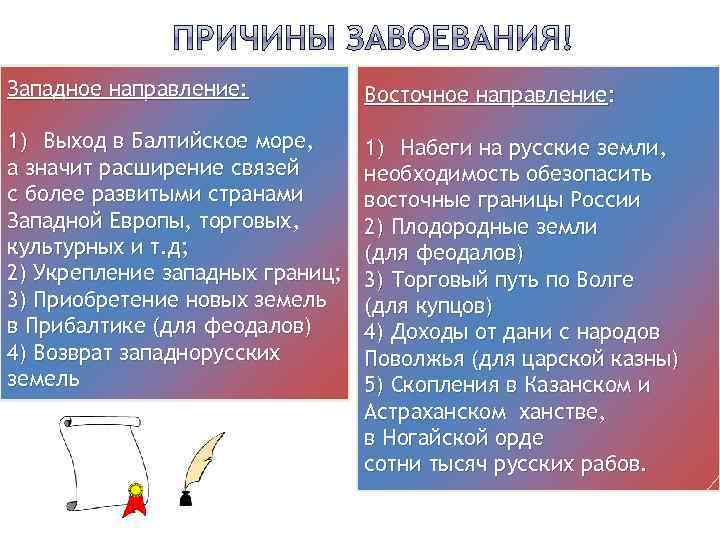 Западное направление: Восточное направление: 1) Выход в Балтийское море, а значит расширение связей с
