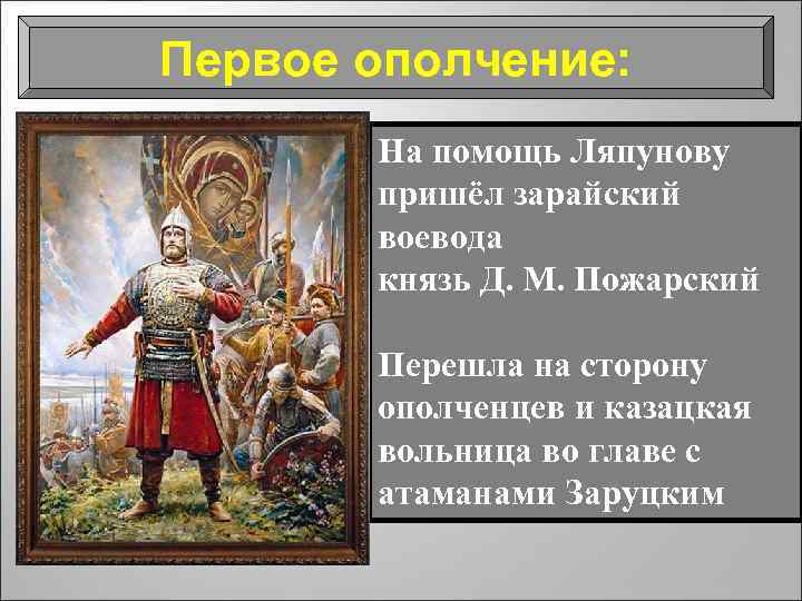 Первое ополчение: На помощь Ляпунову пришёл зарайский воевода князь Д. М. Пожарский Перешла на