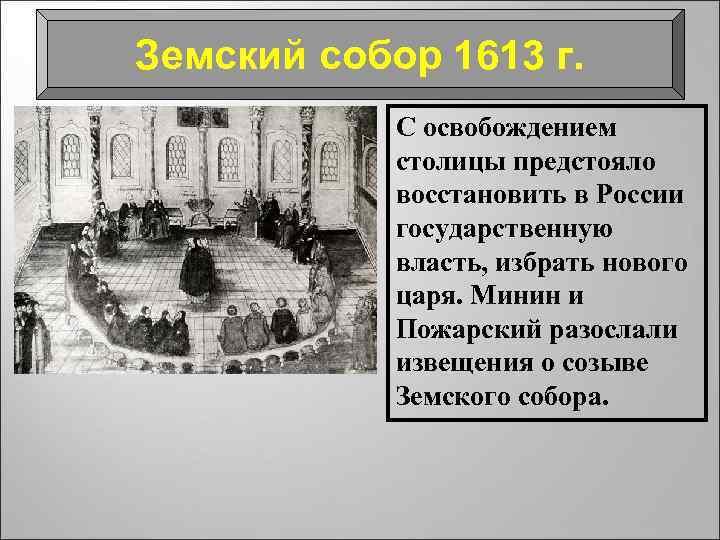 Земский собор 1613 г. С освобождением столицы предстояло восстановить в России государственную власть, избрать
