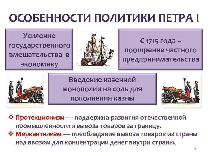 ОСОБЕННОСТИ ПОЛИТИКИ ПЕТРА I Усиление государственного вмешательства в экономику С 1715 года – поощрение