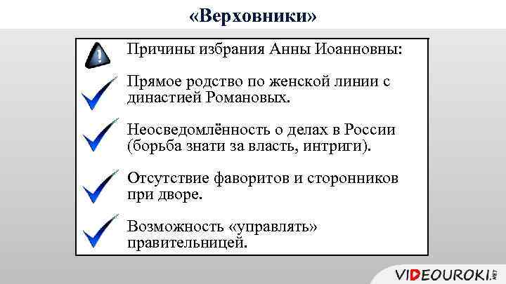  «Верховники» Причины избрания Анны Иоанновны: Прямое родство по женской линии с династией Романовых.