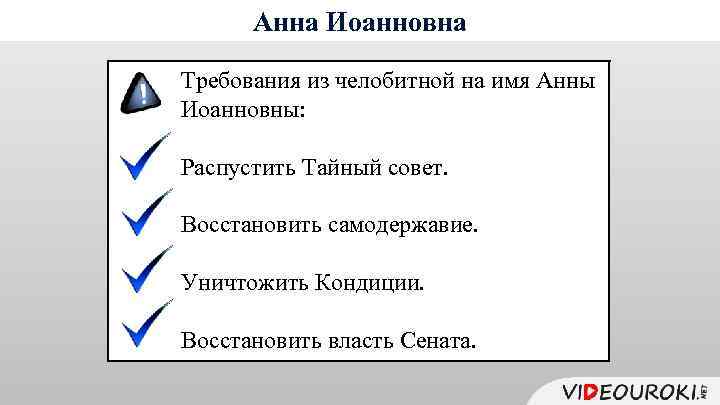 Анна Иоанновна Требования из челобитной на имя Анны Иоанновны: Распустить Тайный совет. Восстановить самодержавие.