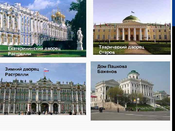 Екатерининский дворец Растрелли Зимний дворец Растрелли Таврический дворец Старов Дом Пашкова Баженов 