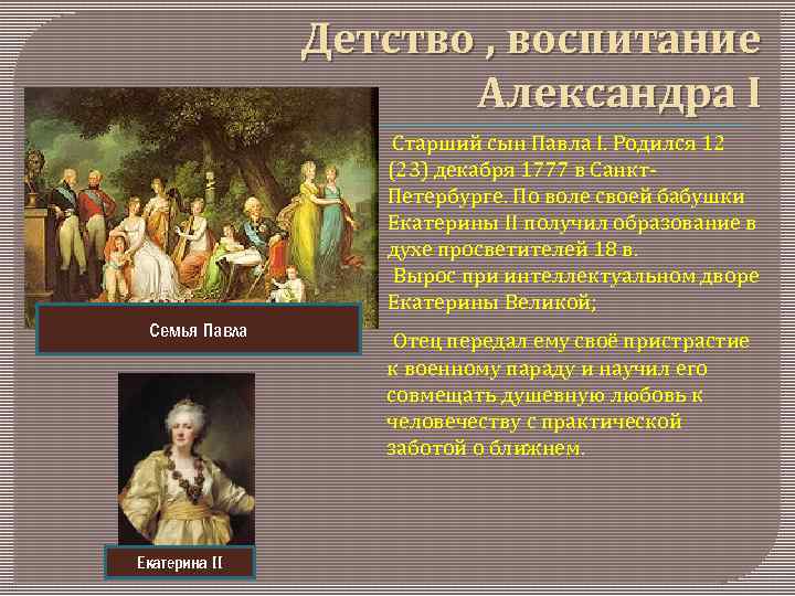 Детство , воспитание Александра I Семья Павла Екатерина II Старший сын Павла I. Родился