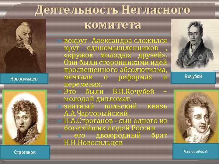 Деятельность Негласного комитета вокруг Александра сложился круг единомышленников , «кружок молодых друзей» . Они