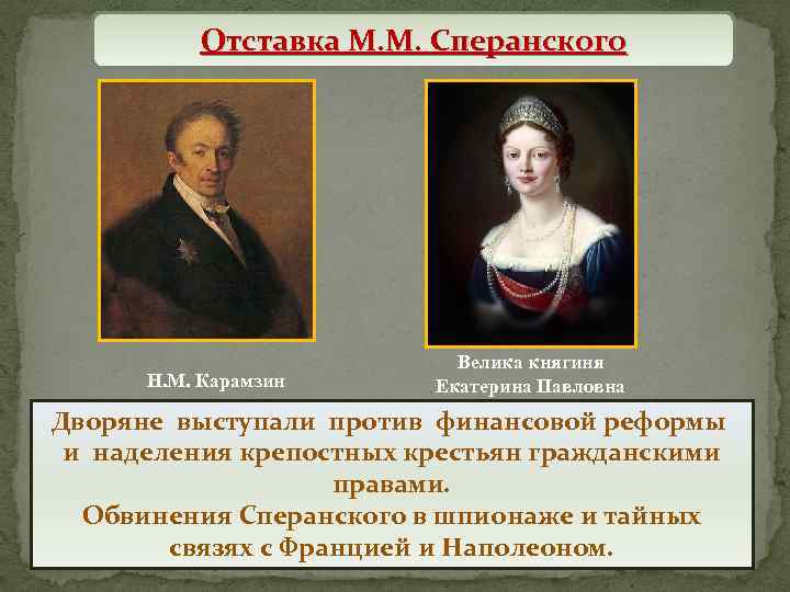 Отставка М. М. Сперанского Н. М. Карамзин Велика княгиня Екатерина Павловна Дворяне выступали против