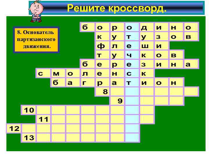 Решите кроссворд. 8. Основатель партизанского движения. 